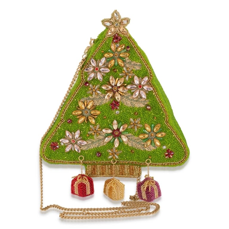 NEW MARY FRANCES DECKED OUT BAG: Consider this your permission to go all out this holiday season. The Decked Out purse is a hand-beaded Christmas tree complete with a star on top and adorable beaded gift boxes swinging from the botto