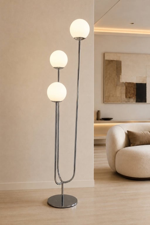 MODERN THREE-GLOBE CHROME FLOOR LAMP 62": Sculptural modern floor lamp featuring three frosted white glass globe shades arranged at graduated heights upon polished chrome stems. The gracefully curved supports rise from a circular chrome platf