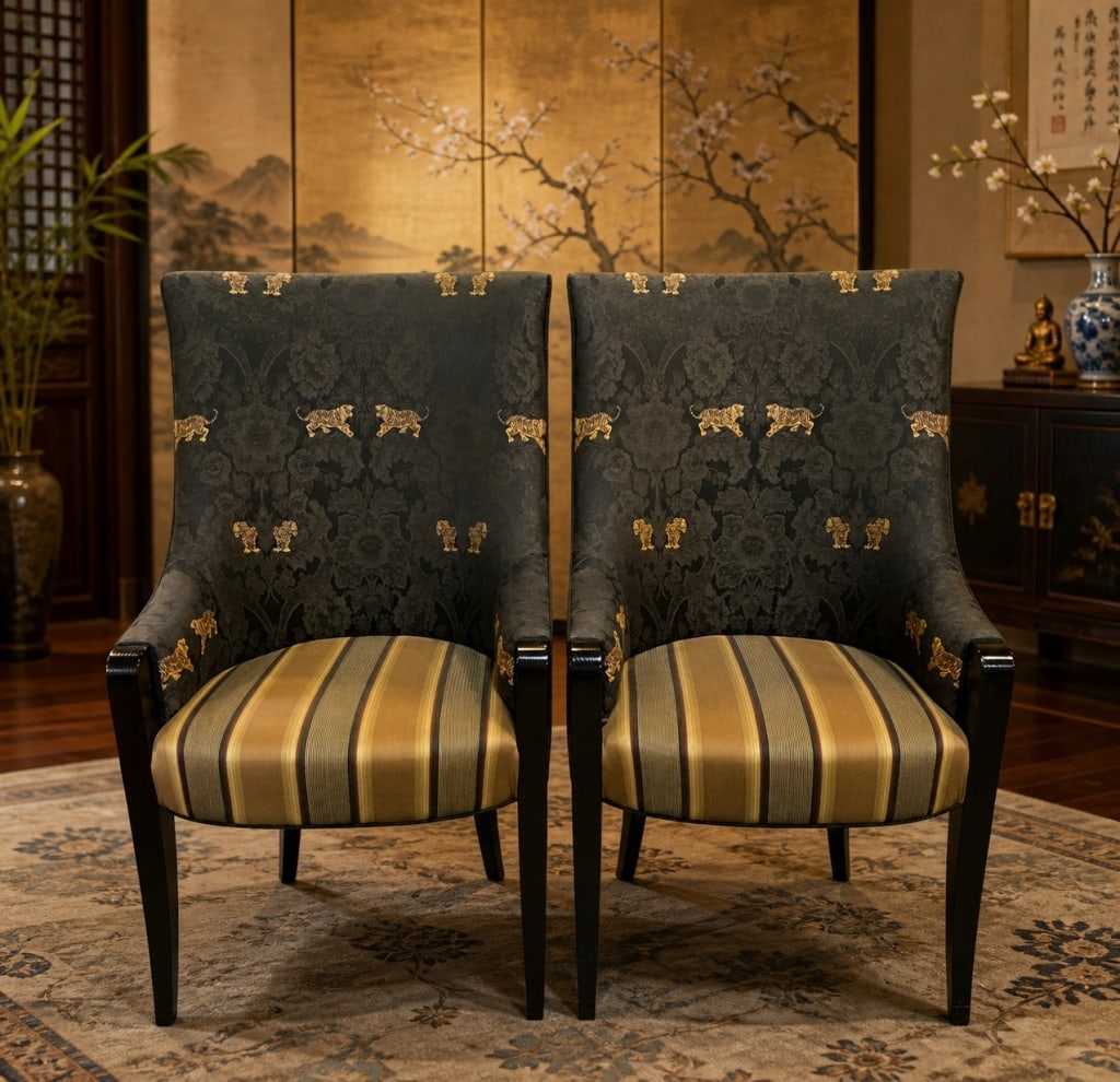 PAIR OF ASIAN STYLE TIGER UPHOLSTERED CHAIRS 43" (1 of 8)