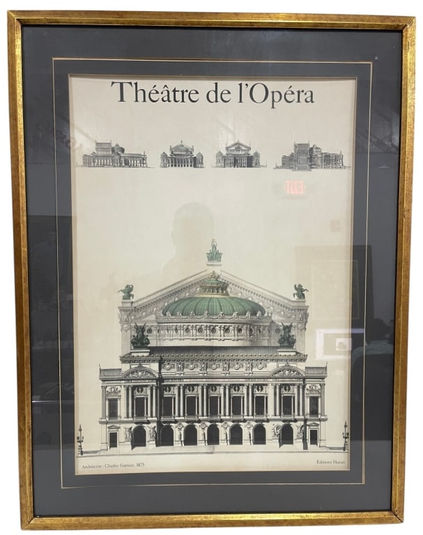 THEATRE DE LOPERA ARCHITECTURAL PRINT 33": Framed architectural print titled "Theatre de l'Opera" depicting the famed Paris opera house designed by Charles Garnier in 1875. The composition features detailed elevations of the building along wit