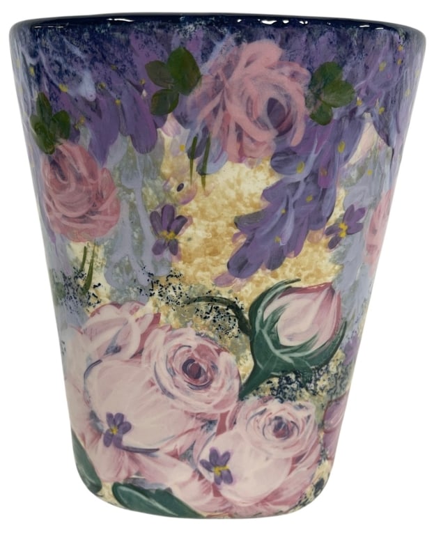 HAND PAINTED FLORAL CERAMIC VASE 9in: Hand-painted ceramic vase by Vesal featuring an elegant floral motif with soft pink roses, lavender blossoms, green foliage, and gold-tone accents against a pastel background. The gently tapered squar