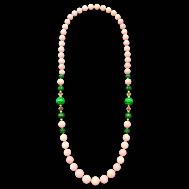 ANGEL SKIN BLUSH CORAL & MALACHITE NECKLACE 28": Beautiful estate necklace composed of Angel Skin coral beads in delicate blush pink to creamy pale pink tones, accented with richly patterned green malachite beads. The coral displays subtle natural c