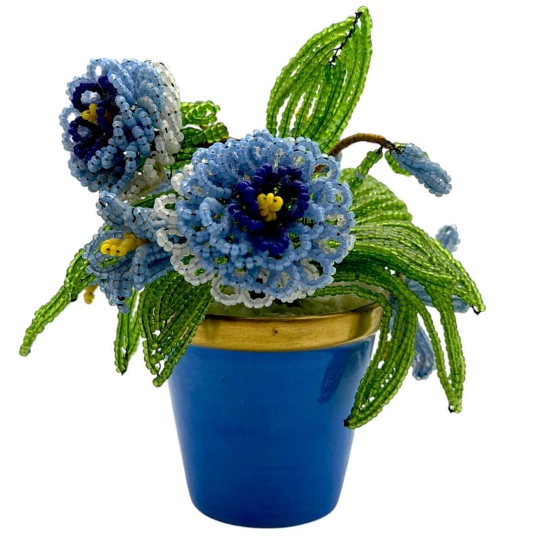 CHAMART LIMOGES BEADED FLOWER POT 5": Charming vintage Chamart Limoges France decorative flower arrangement featuring intricately hand-wired glass seed beads formed into dimensional blue blossoms, buds and vivid green leaves. The flowers 