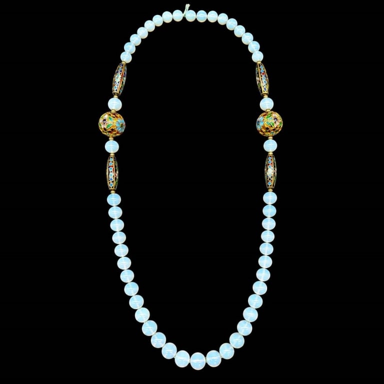 OPALINE & CLOISONNE ENAMEL NECKLACE 32": Striking vintage long necklace composed of luminous opaline glass beads with an ethereal milky blue-white glow, accented by elaborate cloisonne enamel beads. Two large spherical cloisonne stations fea