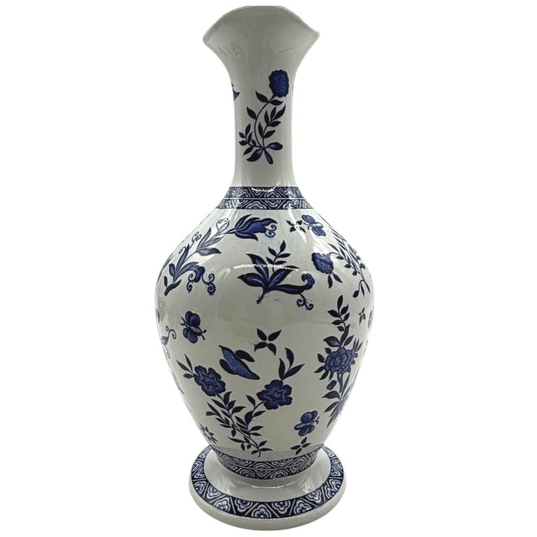 COALPORT LIMITED EDITION BLUE WHITE VASE 10": Vintage Coalport English porcelain vase featuring a classic blue-and-white floral and butterfly design. The elegant baluster form has a rounded body, slender elongated neck, flared sculptural rim and 