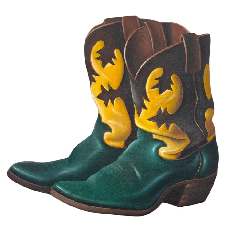 WESTERN COWBOY BOOT WALL ART PAIR 15": Pair of dimensional Western-style wall sculptures depicting classic cowboy boots in a bold decorative palette of deep turquoise green, dark brown and golden yellow. Each boot features a pointed toe, r