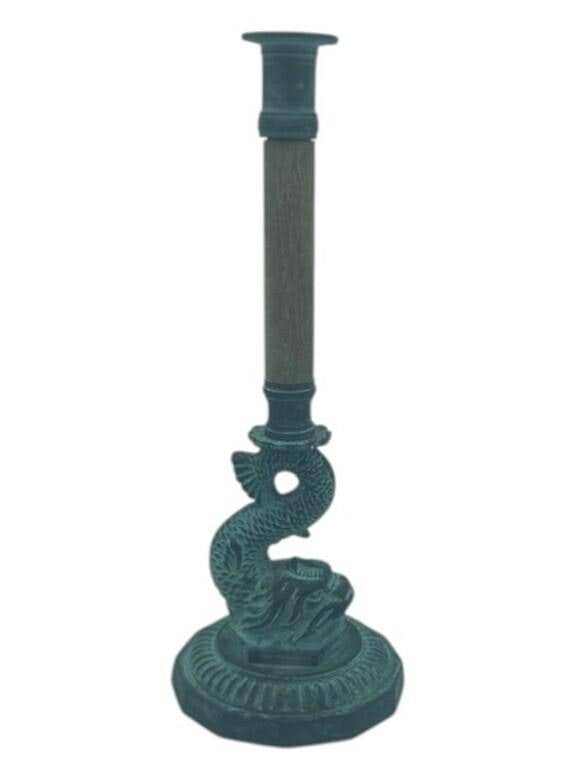 KOI FISH PATINA METAL ANTIQUE WOOD CANDLESTICK 17": GREAT vintage condition on this one! | A tall 17" | Good condition with aged green patina for effect! | Single candlestick. | | By bidding on this listing, you understand and agree to be bound by the 