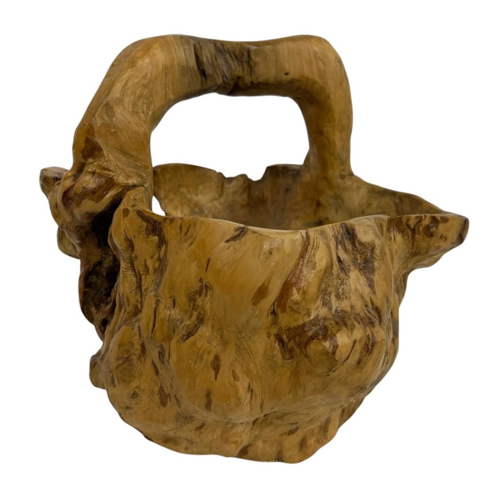 NATURAL BURL WOOD ROOT BASKET 10": Organic hand-carved burl wood root basket featuring a deep irregular bowl form and dramatic integrated branch-form handle. Crafted to preserve the natural knots, figuring, grain variations and sculptu