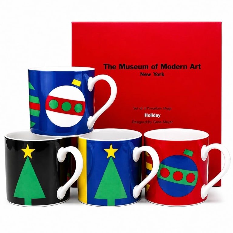 MOMA GENE MEYER HOLIDAY MUGS SET OF 4: Colorful limited-edition-style Museum of Modern Art, New York "Holiday" porcelain mug set, designed by acclaimed American fashion and textile designer Gene Meyer. The four matching-form mugs feature b