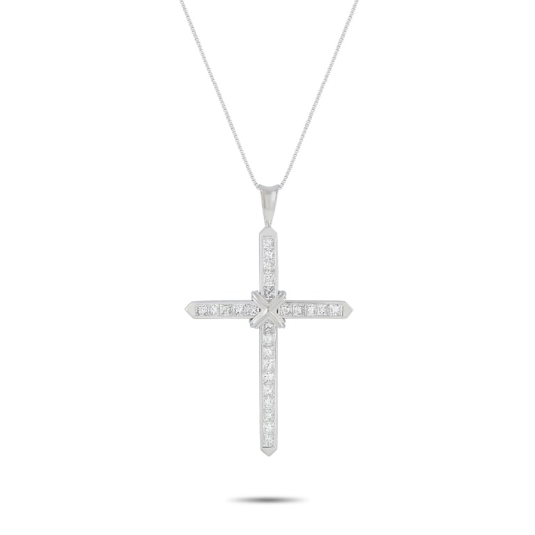 PLATINUM 1.95CT DIAMOND CROSS PENDANT NECKLACE: A detailed cross pendant measuring 2.0 long by 1.25 wide makes this luxury necklace impossible to ignore. Diamonds with a total weight of 1.95 carats allow it to effortlessly catch the light and captu