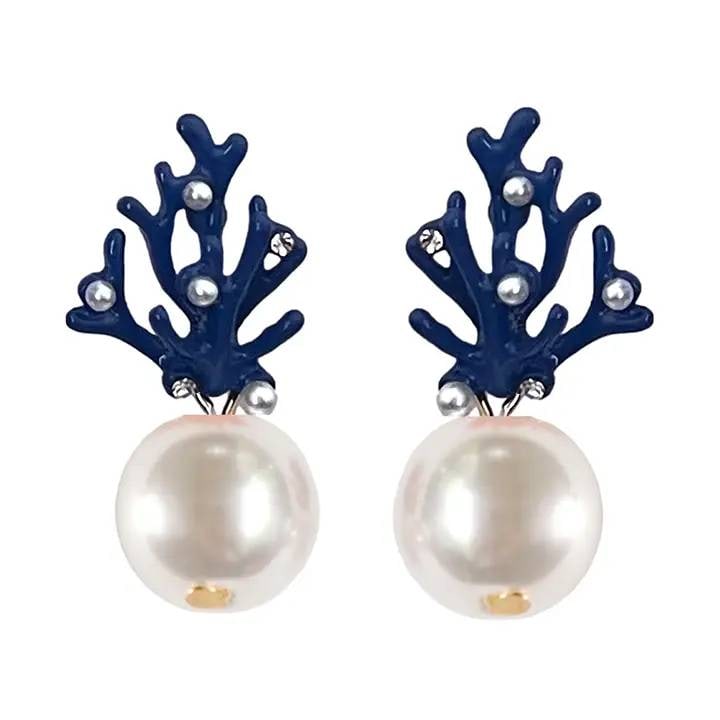 PEARL AND BLUE COTRAL STATEMENT EARRINGS: These 1" statement earrings feature a sculptural coral-inspired design in blue enamel-plated metal, accented with delicate mini crystals and a luminous faux pearl drop. Inspired by iconic coral motifs