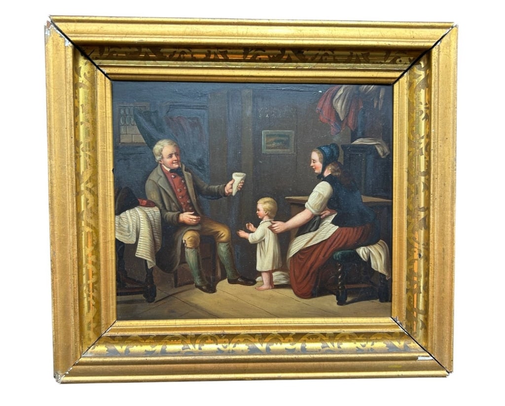 ANTIQUE EUROPEAN GENRE SCENE OIL PAINTING 13": Charming antique European genre painting depicting an intimate domestic interior with an older gentleman seated at left raising a drinking vessel toward a young barefoot child, accompanied by a seated