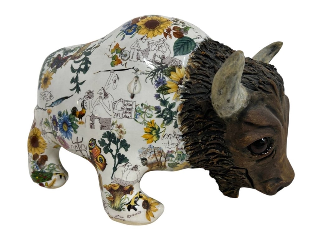 WHIMSICAL MIXED MEDIA BISON SCULPTURE 10": Whimsical mixed-media bison sculpture featuring a hand-modeled dark brown head with textured shaggy mane, curved horns and inset expressive eyes, paired with a glossy white ceramic body richly decorat