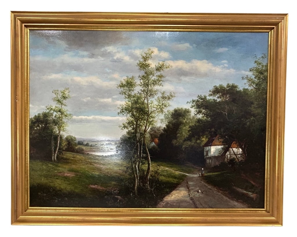 LARGE FRAMED COUNTRY LANDSCAPE OIL PAINTING 54": Large artist-signed oil painting on canvas depicting an expansive pastoral countryside landscape with a winding country road, mature trees, distant water and a traditional cottage nestled among dense 