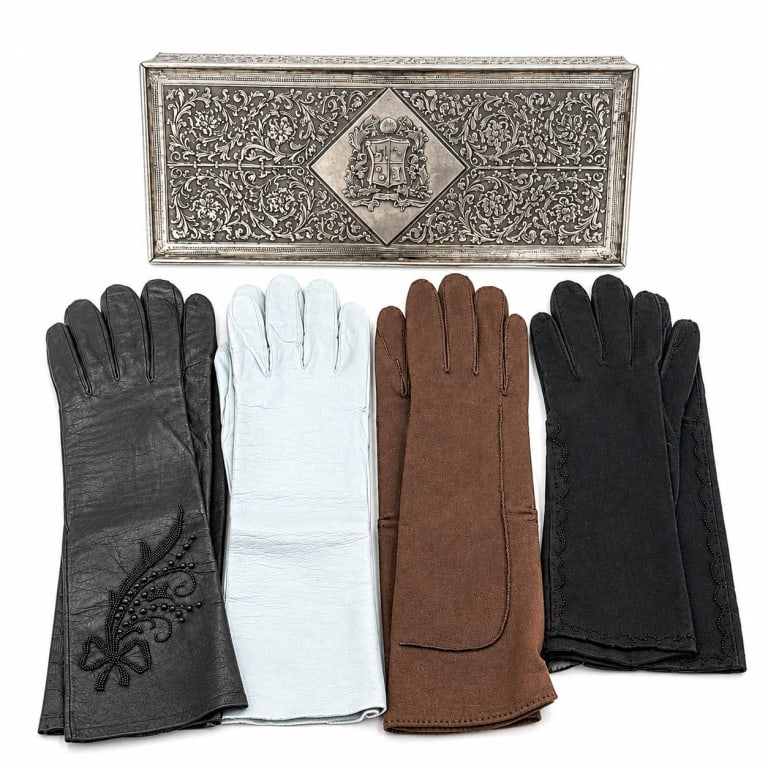 VINTAGE GLOVE BOX & 4 PAIRS LEATHER GLOVES 11" (1 of 8)