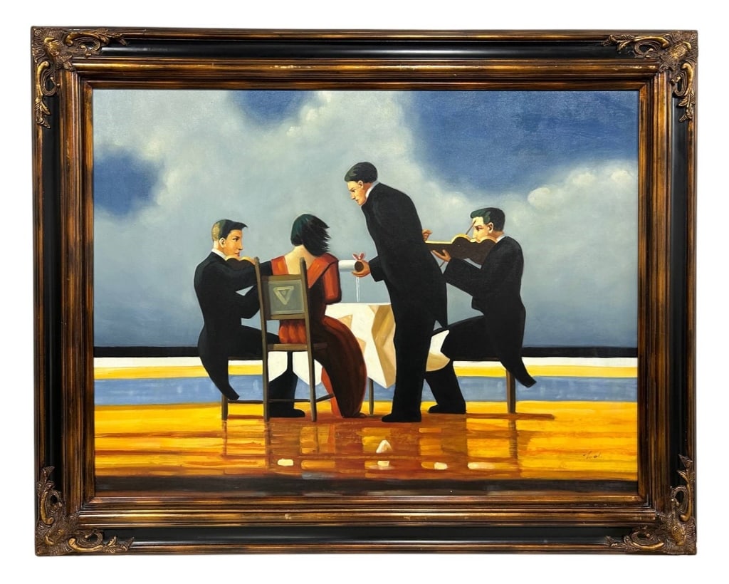 ARTIST SIGNED FIGURAL DINING SCENE OIL 58": Large artist-signed oil painting on canvas depicting an elegant figural dining scene with three formally dressed men and a seated woman gathered around a table beneath a dramatic cloud-filled blue sky