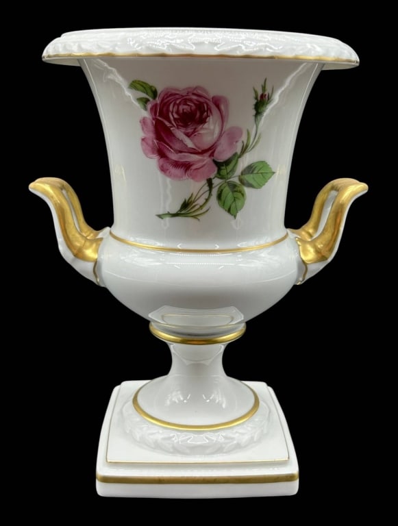 KAISER GERMANY ROSE PORCELAIN URN VASE 9.5": Elegant vintage Kaiser porcelain urn-form vase, made in West Germany, model 1531, featuring a classic pedestal form with square foot, flared rim and dramatic upswept double handles. The glossy white p