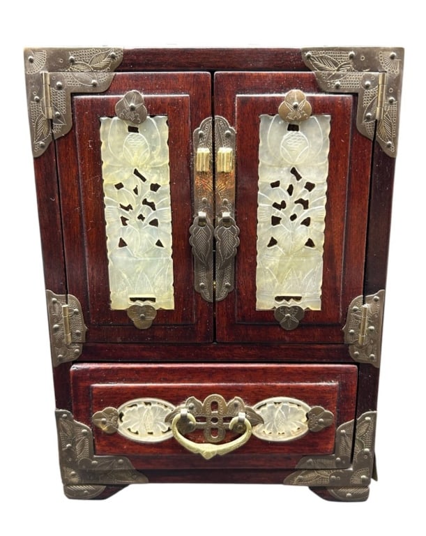 ASIAN JADE INSET WOOD JEWELRY CABINET 9.5" (1 of 9)