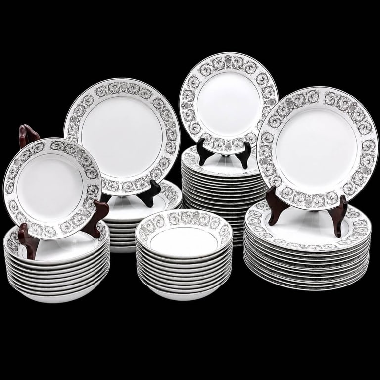 ELEGANTE BY TOWNE HOUSE FLORAL CHINA 58PC SET: Large 59-piece Towne House Fine China dinnerware collection, made in Japan in the ELEGANTE pattern, No. 3100. This sophisticated pattern features bright white fine china decorated with an elaborate gr