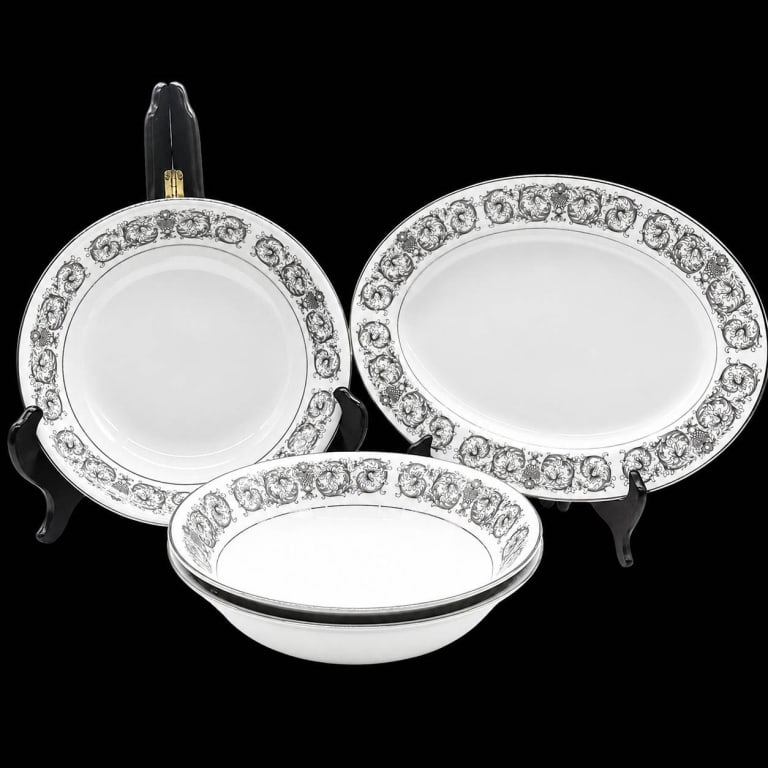 ELEGANTE BY TOWNE HOUSE SERVING SET 12": Elegant four-piece serving group from the same Towne House Fine China ELEGANTE pattern No. 3100, made in Japan. The bright white fine china features the pattern's distinctive gray scrolling floral and