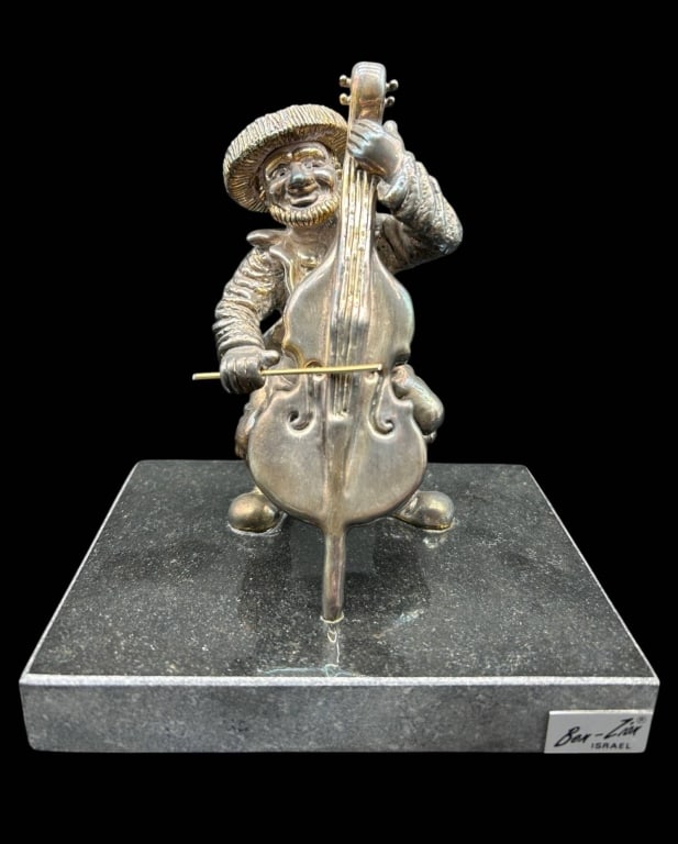 925 SILVER BEN-ZION ISRAEL CELLIST FIGURE 6": Whimsical Israeli sterling silver overlay musician sculpture depicting a smiling bearded cellist in traditional dress, posed playing a large stringed instrument with separate bow. Finely modeled with