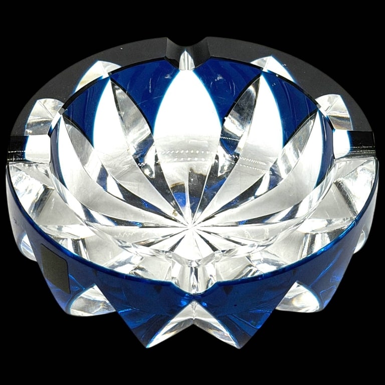 BOHEMIAN COBALT CUT TO CLEAR CRYSTAL ASHTRAY 6" (1 of 6)