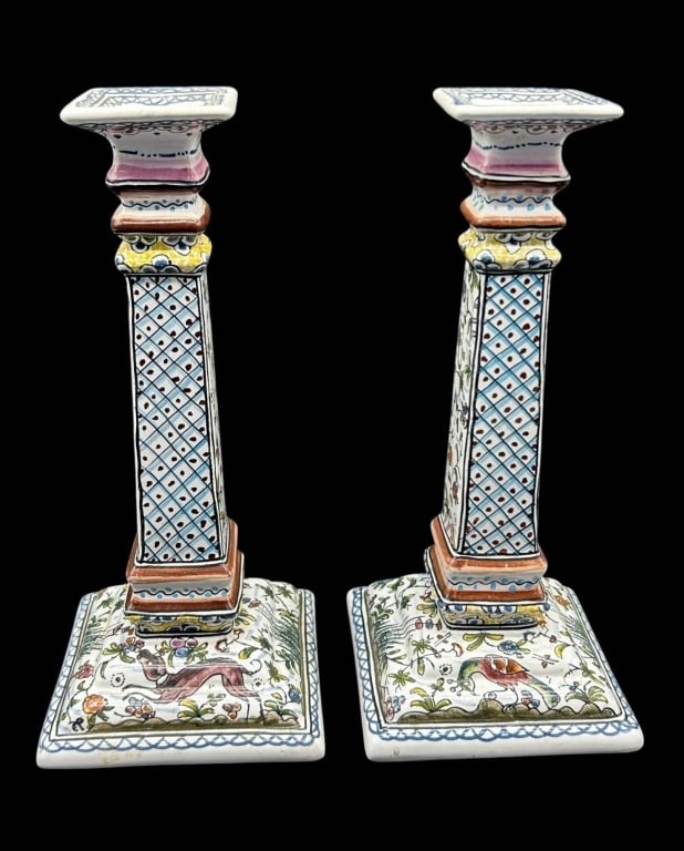 PAIR ESTRELA DE CONIMBRIGA PORTUGAL CANDLESTICKS 1: Pair of hand-painted Portuguese ceramic candlesticks by Estrela de Conimbriga, Portugal, decorated in the traditional Coimbra style with elaborate polychrome geometric, floral, foliate and stylized an