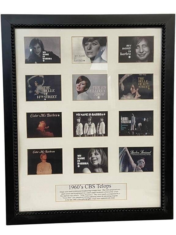 1960S CBS TELOPS BARBRA STREISAND DISPLAY 22": *for alternative shipping options please go to www.dejavuauctionshipping.com | | -1960S CBS TELOPS BARBRA STREISAND FRAMED PRINT DISPLAY 22" X 18" APPROX | | | -Framed multi-image display of original 