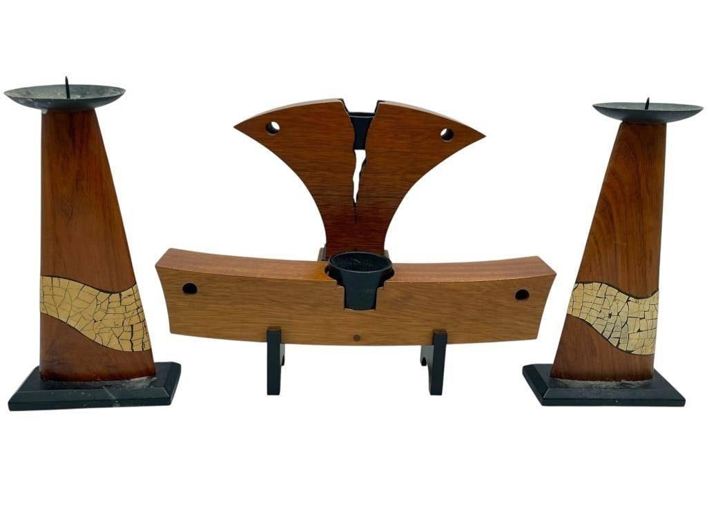 4 MID CENTURY MODERN WOOD CANDLE HOLDERS 11": *for alternative shipping options please go to www.dejavuauctionshipping.com | | | -MID CENTURY MODERN WOOD AND MOSAIC CANDLE HOLDER SET | | | reflects classic 1960s?1970s modernist d?cor with warm te