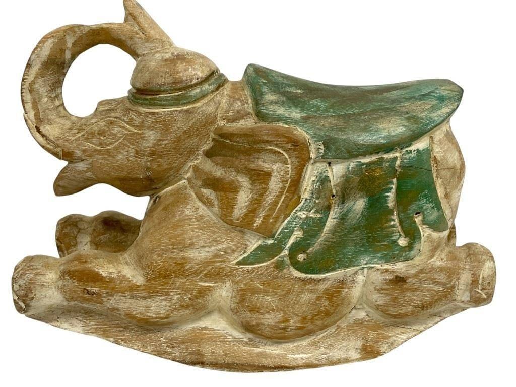 FOLK ART CARVED WOOD ROCKING ELEPHANT DECOR 10": *for alternative shipping options please go to www.dejavuauctionshipping.com | | | -FOLK ART CARVED WOOD ROCKING ELEPHANT ASIAN STYLE HAND PAINTED DECOR | | | wood tones and green saddle accents, givi