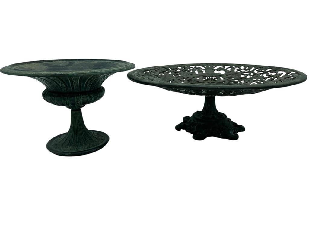 PAIR OF VINTAGE BRONZE PEDESTAL COMPOTES 10": *for alternative shipping options please go to www.dejavuauctionshipping.com | | | -PAIR OF VINTAGE BRONZE PEDESTAL COMPOTES / OPENWORK TAZZA DISHES 10" APPROX D TO BIGGER | | | engraved rim and flute