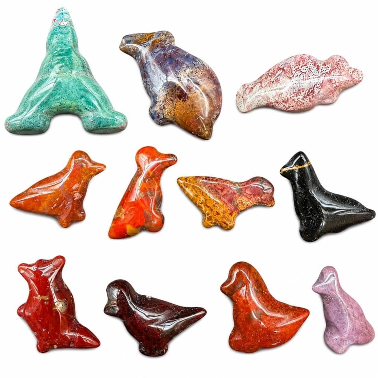 ZUNI CARVED STONE ANIMAL COLLECTION 2": Wonderful collection of 11 Zuni-style hand-carved stone animals, individually sculpted and polished in an appealing variety of naturally colored stones. The group includes stylized birds and four-legg