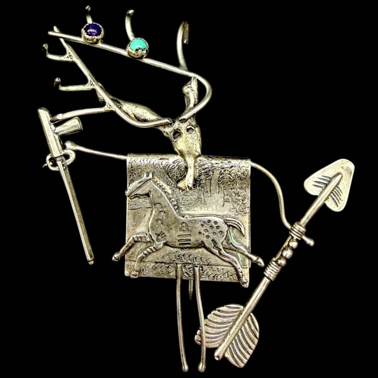 JEFF STOREY FOR HARTMAN'S DURANGO RUNNING HORSE 6": Exceptionally detailed Jeff Story sterling silver Running Horse brooch, created for Hartman's of Durango, Colorado. This large sculptural wearable-art piece centers on a dynamic running horse worked i