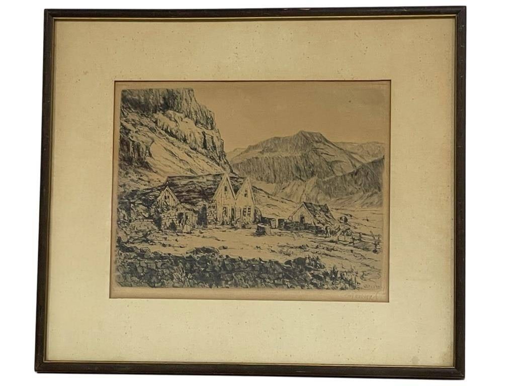 BERNHARD WITSCHEL SIGNED LANDSCAPE ETCHING 14": BERNHARD WITSCHEL SIGNED LANDSCAPE ETCHING / PRINT, FRAMED | | | - Vintage black-and-white landscape print signed by Bernhard Witschel, depicting a rustic alpine/mountain homestead with cottages and d