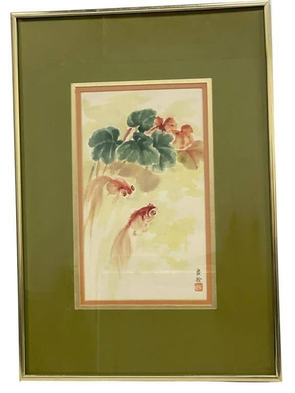 KOI FISH & LOTUS YANGZHOU CHINESE WATERCOLOR 20" (1 of 5)