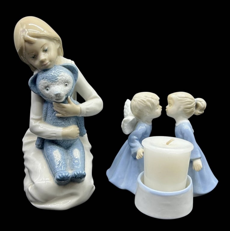NAO GIRL & ANGEL PORCELAIN FIGURES 7": Group of two decorative Spanish-style porcelain figures including a NAO by Lladro porcelain figure depicting a young girl embracing a blue teddy bear, together with a coordinating porcelain candlehold