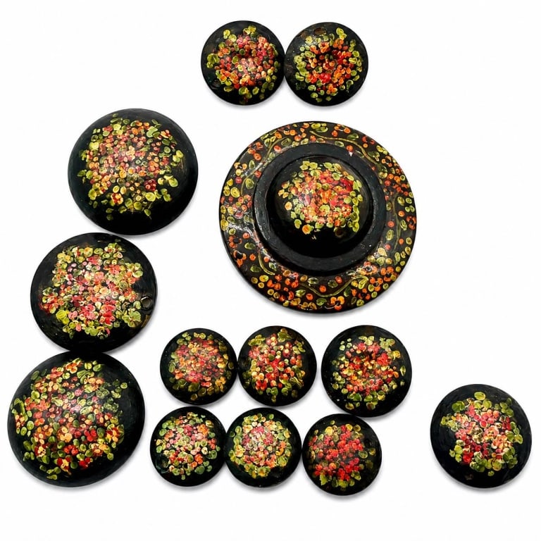 VINTAGE HAND PAINTED FLORAL BUTTON & PIN LOT 2.5": Collection of vintage hand-painted floral fashion accessories featuring a dramatic black ground decorated with colorful impressionistic blossoms in shades of red, coral, orange, pink and green. The gr
