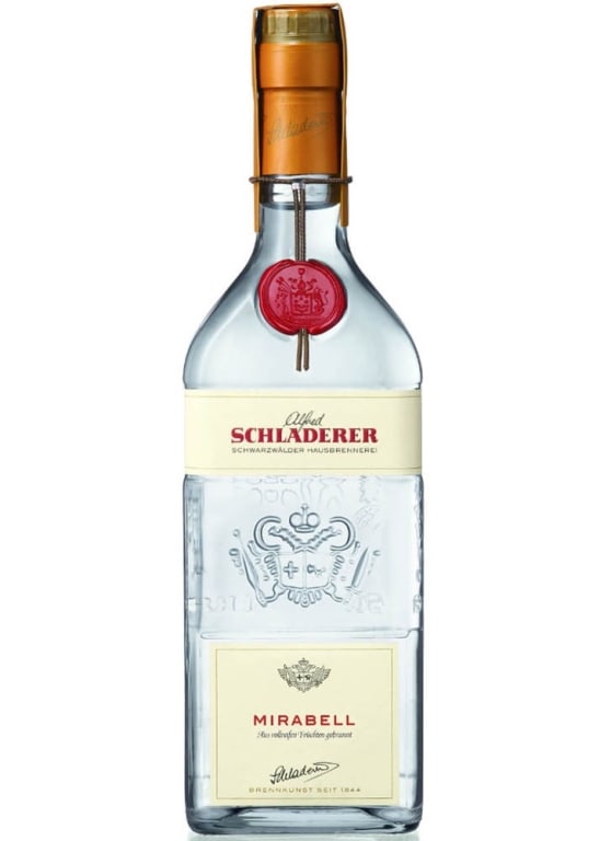 Schladerer Mirabell Plum Brandy with Shaker: Schladerer Mirabell, a 42% ABV plum brandy, crafted from ripe mirabelle plums sourced from Lothringen, France, known for its mild and fruity taste. Includes a stainless steel cocktail shaker for mixin