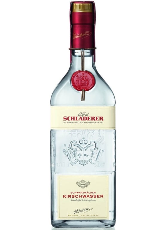 Schladerer Schwarzwalder Kirschwasser 0.7L 42%: Schladerer Schwarzwalder Kirschwasser is a cherry brandy from Germany. This Obstler comes in a 0.7 liter bottle and contains 42% alcohol by volume. It is made by the brand Schladerer.