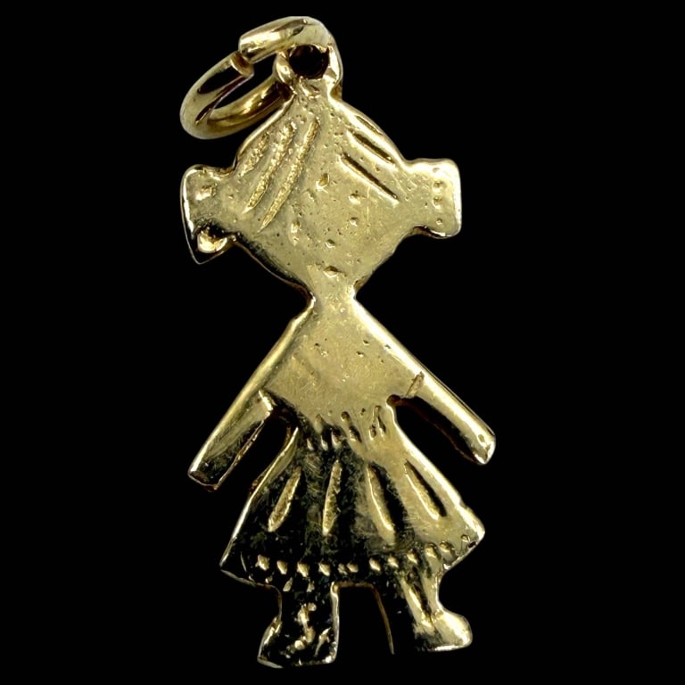 14K GOLD FIGURAL PENDANT CHARM .5": Charming 14K yellow gold figural charm depicting a little girl with pigtails, a textured dress, outstretched arms, and diminutive feet. A sweet family-themed keepsake suitable for wearing as a pendant
