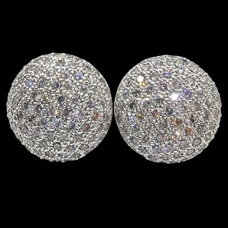 14K WHITE GOLD PAVE DIAMOND DOME EARRINGS: Elegant dome-shaped stud earrings crafted in 14K white gold and densely set with pav? diamonds. The rounded silhouette and intricate openwork setting create exceptional brilliance from every angle, of