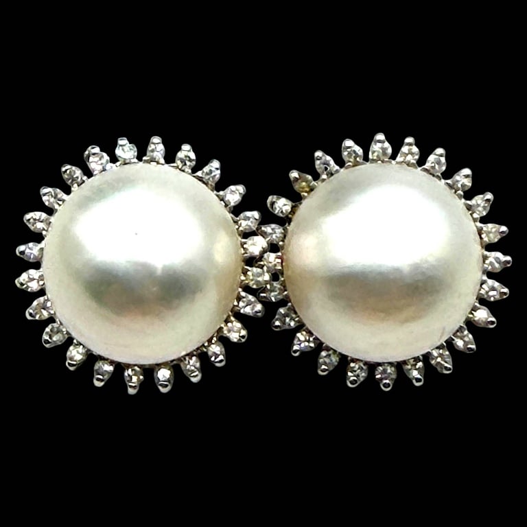 18K WHITE GOLD PEARL DIAMOND HALO EARRINGS (1 of 5)