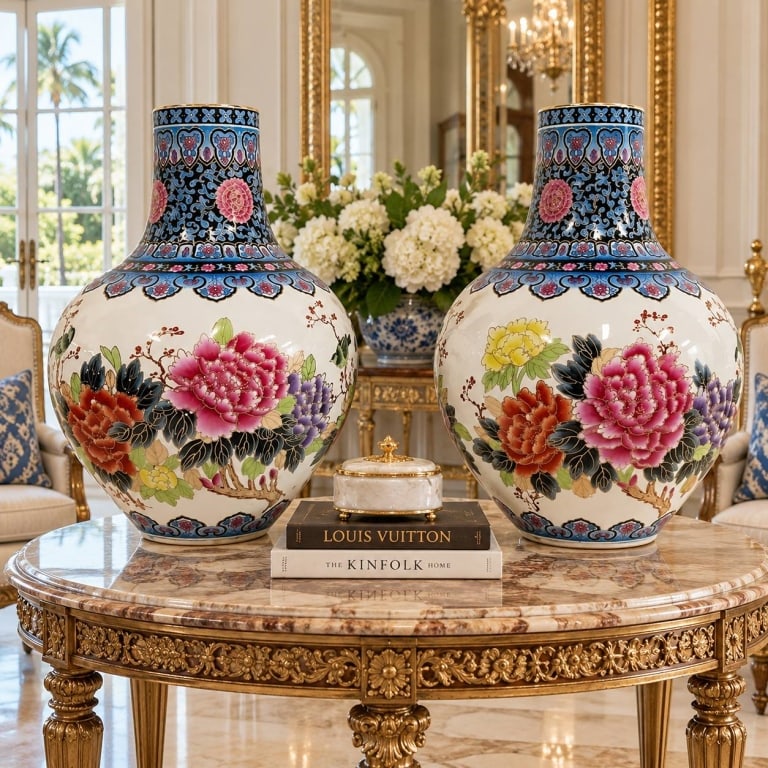 LARGE ORIENTAL FLORAL PORCELAIN VASES 19": Decorative pair of large Asian-style porcelain floor vases featuring hand-painted peony blossoms in vibrant pink, yellow, purple, and orange tones against a white ground. The elegant bulbous-form bodi