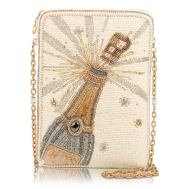 NEW MARY FRANCES BUBBLES AND BLUES BAG: Raise a glass to unforgettable style with Bubbles & Bliss, a statement champagne handbag that brings a festive touch to every look. Glittering champagne bubbles and metallic details create a fresh, so