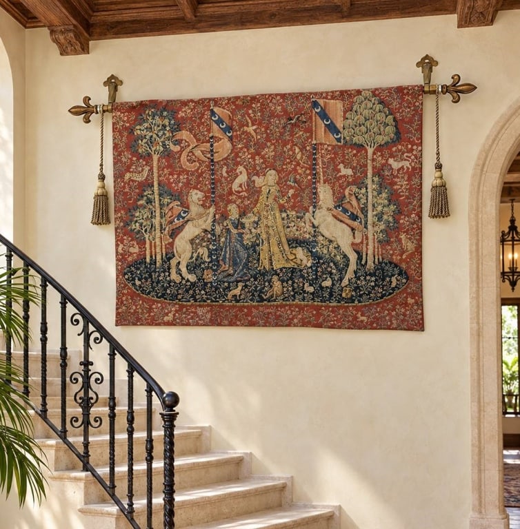 LES TAPISSERIES D?HALLUIN FRENCH TAPESTRY 58": French woven wall tapestry produced by the renowned Les Tapisseries d?Halluin textile house in Halluin, northern France. The design reproduces Taste (Le Gout) from the celebrated medieval Lady and the