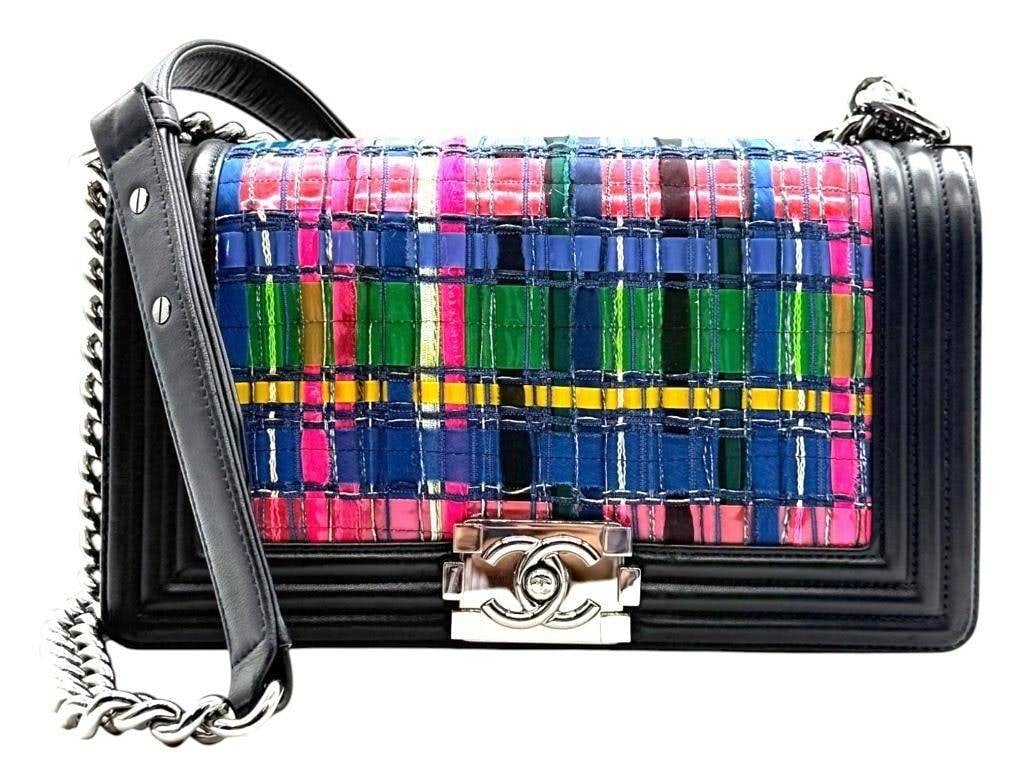 CHANEL BOY BAG PLAID RIBBON FLAP 10": A highly distinctive Chanel Boy Flap Bag featuring an intricate woven plaid ribbon panel in vibrant shades of navy, pink, green, yellow, black, and red, framed by smooth black leather and polished sil