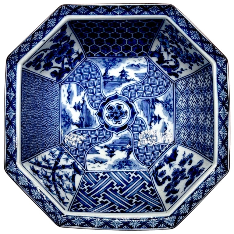 JAPANESE IMPORT RYUHO BLUE & WHITE BOWL 10" (1 of 9)