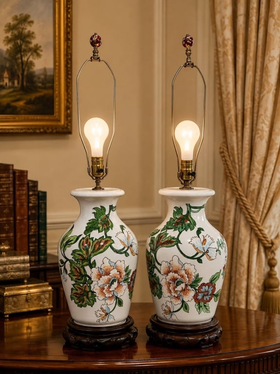 PAIR MARINA ITALY FLORAL PORCELAIN LAMPS 33": Pair of decorative Italian porcelain table lamps, each with a white glazed baluster-form body hand decorated with large-scale botanical and floral motifs in green, rust, soft blue and cream. Raised on