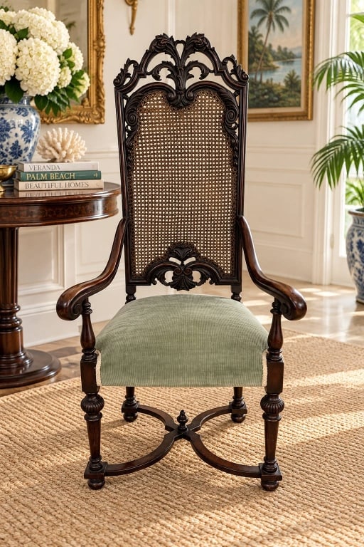 ANTIQUE CARVED MAHOGANY CANE ARMCHAIR 56" (1 of 13)