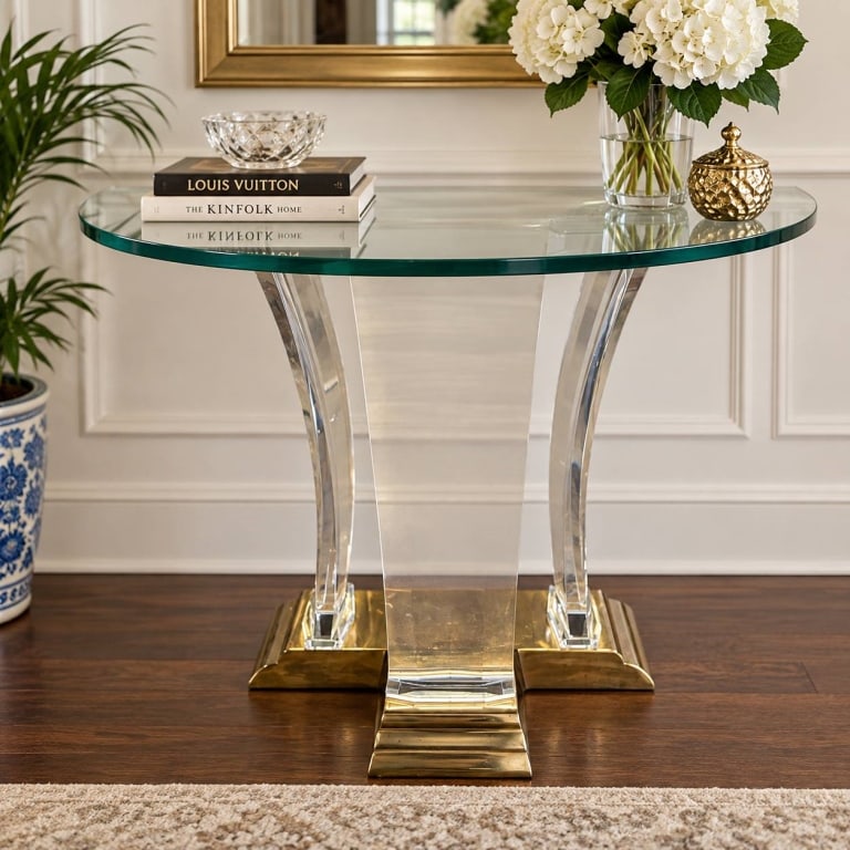 ART DECO LUCITE BRASS GLASS CONSOLE TABLE 36" (1 of 10)